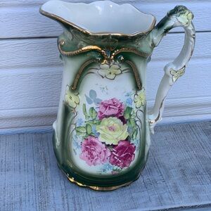 Antique/Vintage Porcelain Ewer Pitcher floral Unmarked 8”Hand Painted Roses Gold